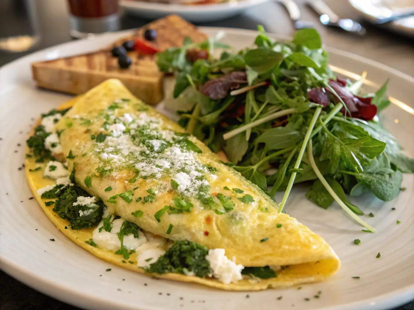 A close-up shot of a perfectly cooked classic omelet on a white plate, garnished with fresh chives and a side of golden-brown toast. The omelet is slightly browned and glistening, showcasing its deliciousness.