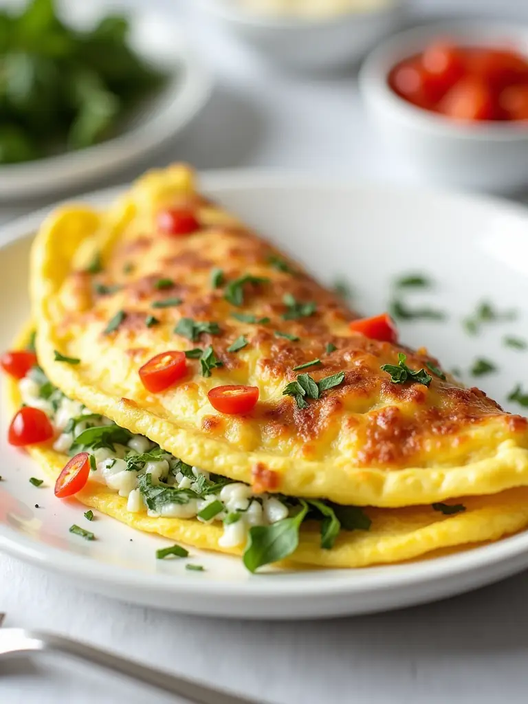 A close-up shot of a perfectly cooked classic omelet, showcasing its golden-brown surface and fluffy texture, garnished with fresh chives.
