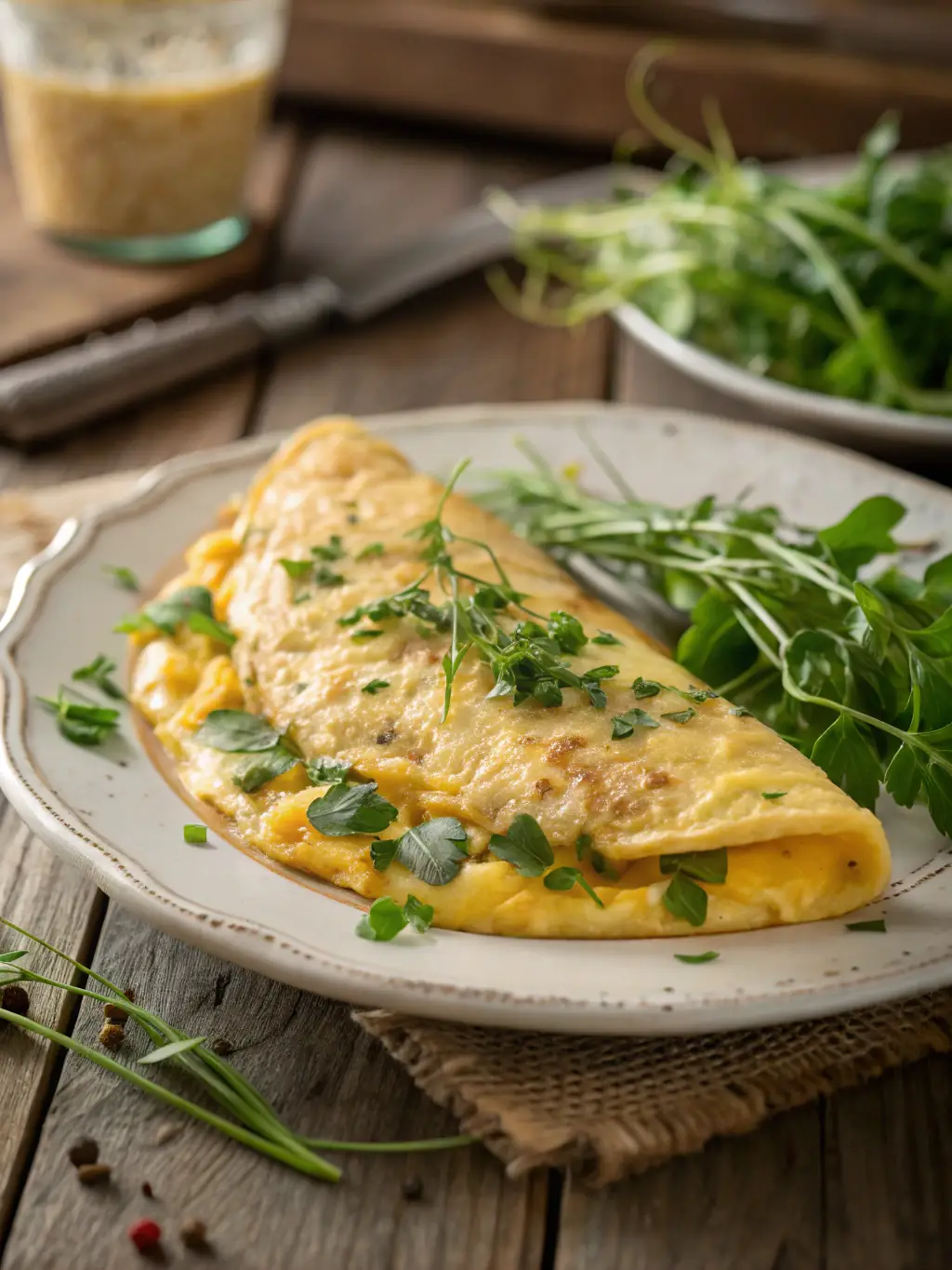 A vibrant image of a spinach and feta omelet served with a side salad, perfect for a light and healthy lunch.