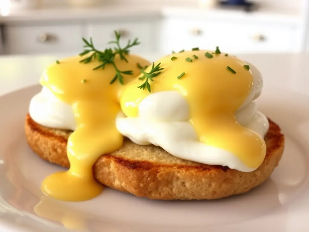 A beautifully arranged plate of Eggs Benedict, featuring two poached eggs with creamy hollandaise sauce, placed on toasted English muffins with a side of crispy bacon. The hollandaise sauce is smooth and glossy.