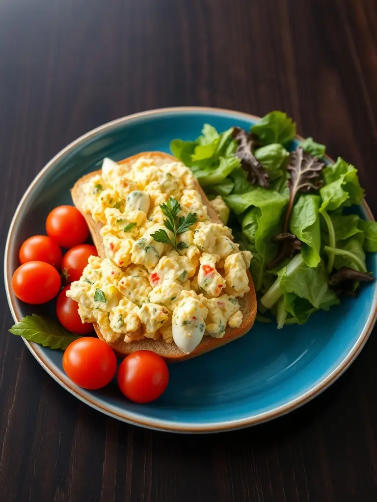 A mouthwatering image of an egg salad sandwich on whole wheat bread, garnished with fresh dill.