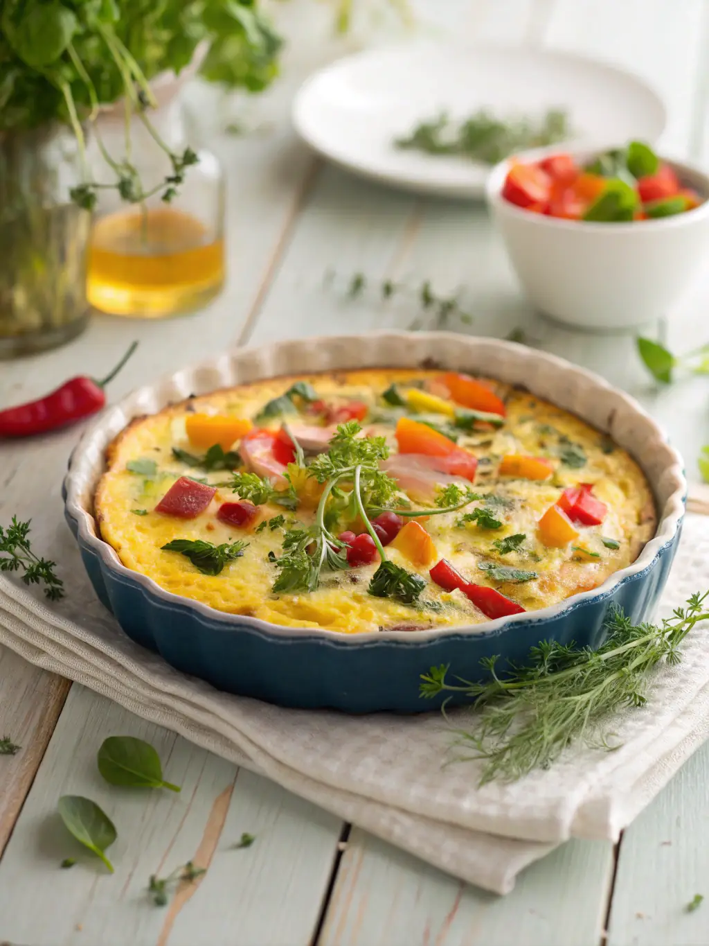 A close-up shot of a frittata with various vegetables and cheese, served on a rustic wooden board, showcasing a hearty and colorful egg-based dinner.