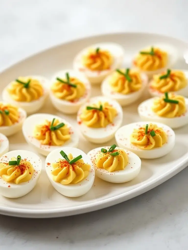 A visually appealing image of deviled eggs topped with paprika and fresh herbs, arranged on a platter.