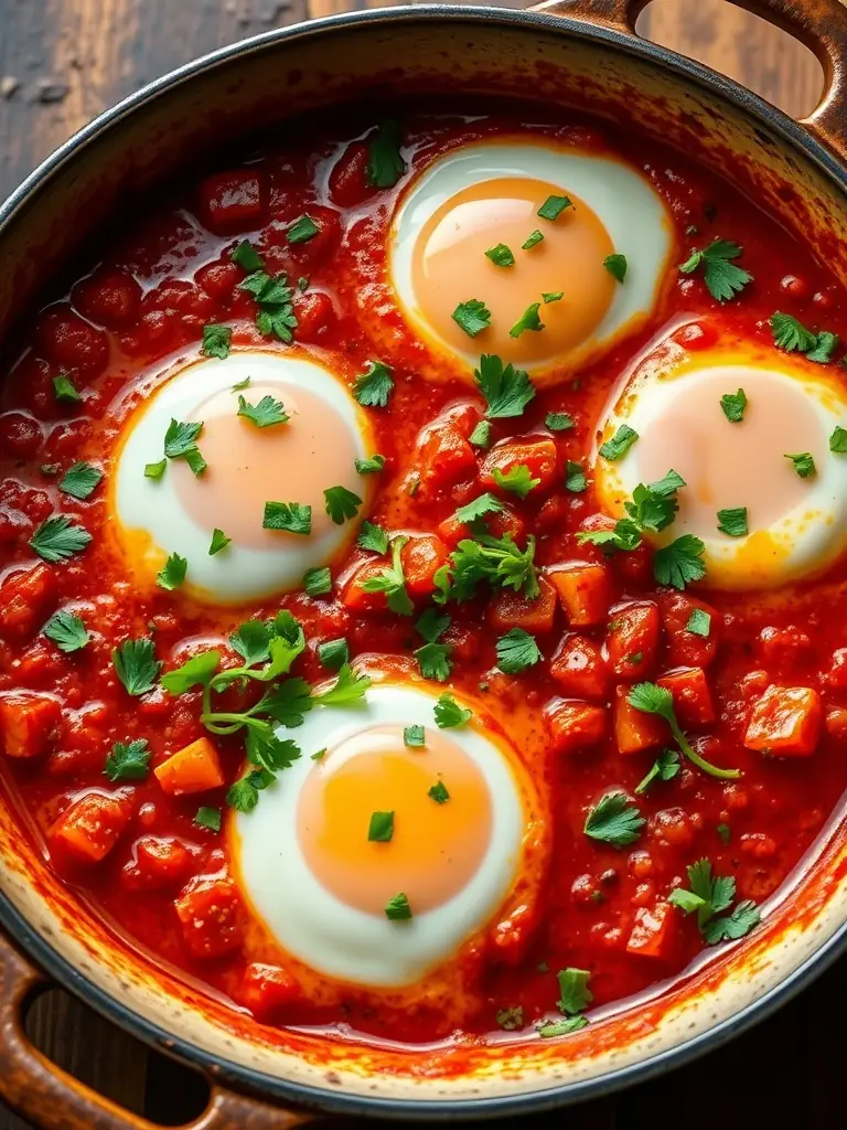 A beautifully plated shakshuka with eggs poached in a rich tomato and pepper sauce, garnished with fresh herbs and served with crusty bread, suggesting a flavorful dinner option.