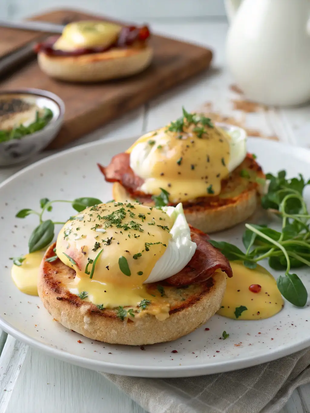 A beautifully arranged plate of Eggs Benedict, highlighting the creamy hollandaise sauce, perfectly poached eggs, and toasted English muffins.