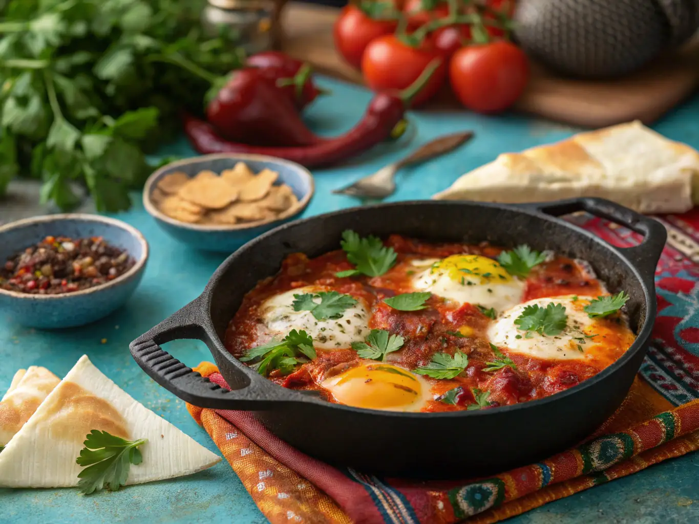 A vibrant and colorful skillet of Shakshuka, with poached eggs nestled in a spicy tomato sauce, garnished with fresh cilantro and a sprinkle of feta cheese. The dish is steaming and inviting.