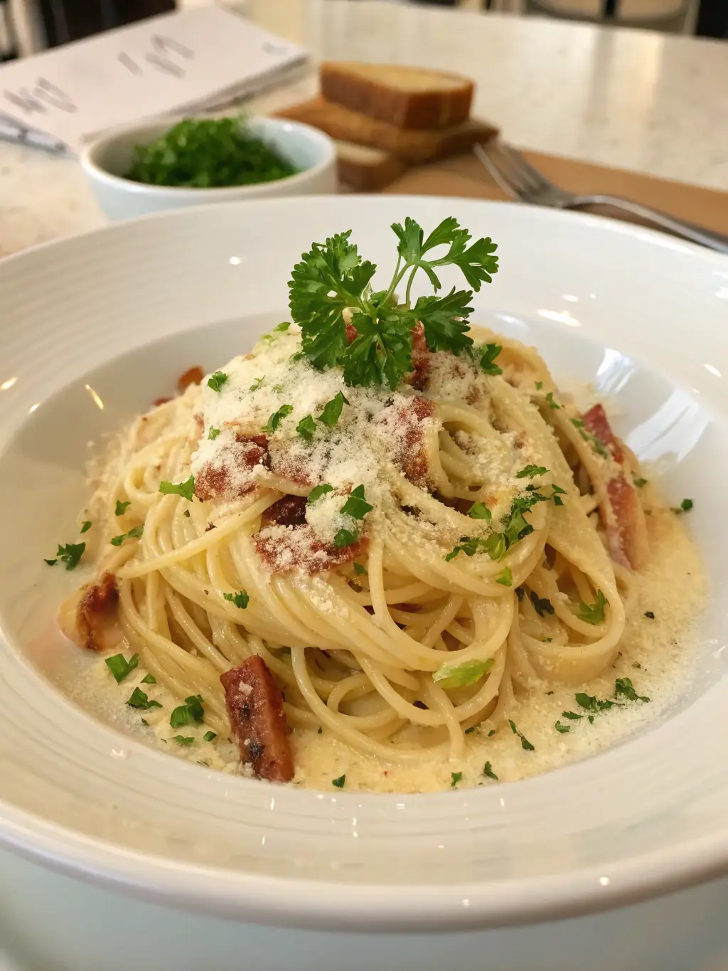 A plate of carbonara pasta with creamy sauce, crispy bacon, and a perfectly cooked egg yolk on top, highlighting a classic and comforting egg-based dinner.