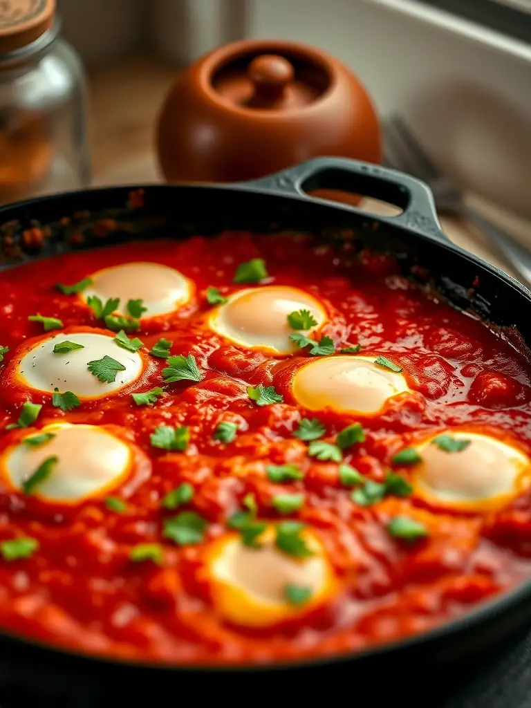 A skillet of shakshuka with eggs poached in a spicy tomato sauce, garnished with fresh herbs and served with crusty bread for dipping, representing a flavorful and easy dinner option.
