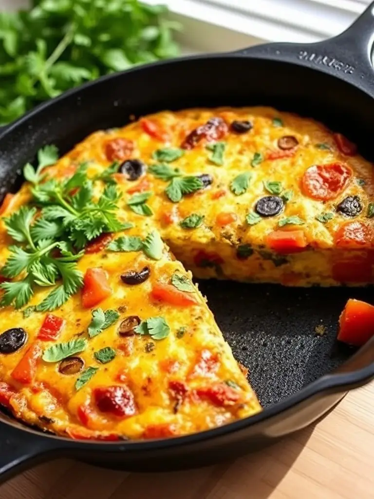 A vibrant and colorful Shakshuka dish served in a cast-iron skillet, with visible chunks of tomatoes, peppers, and perfectly poached eggs.